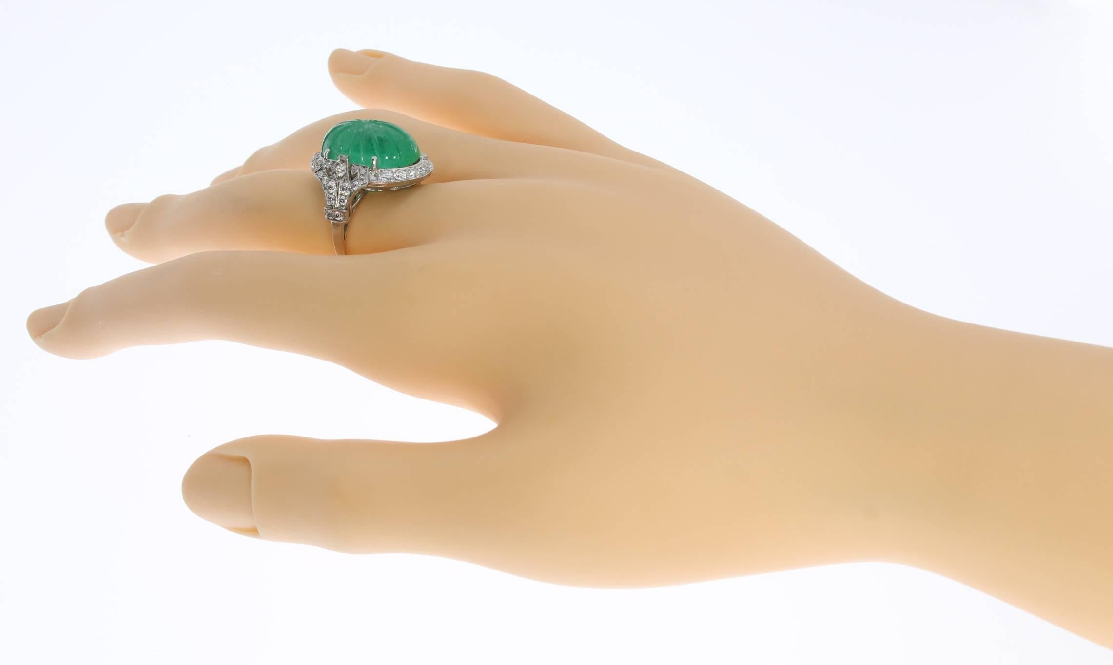 Platinum Ring with Carved Emerald and Diamonds For Sale 3