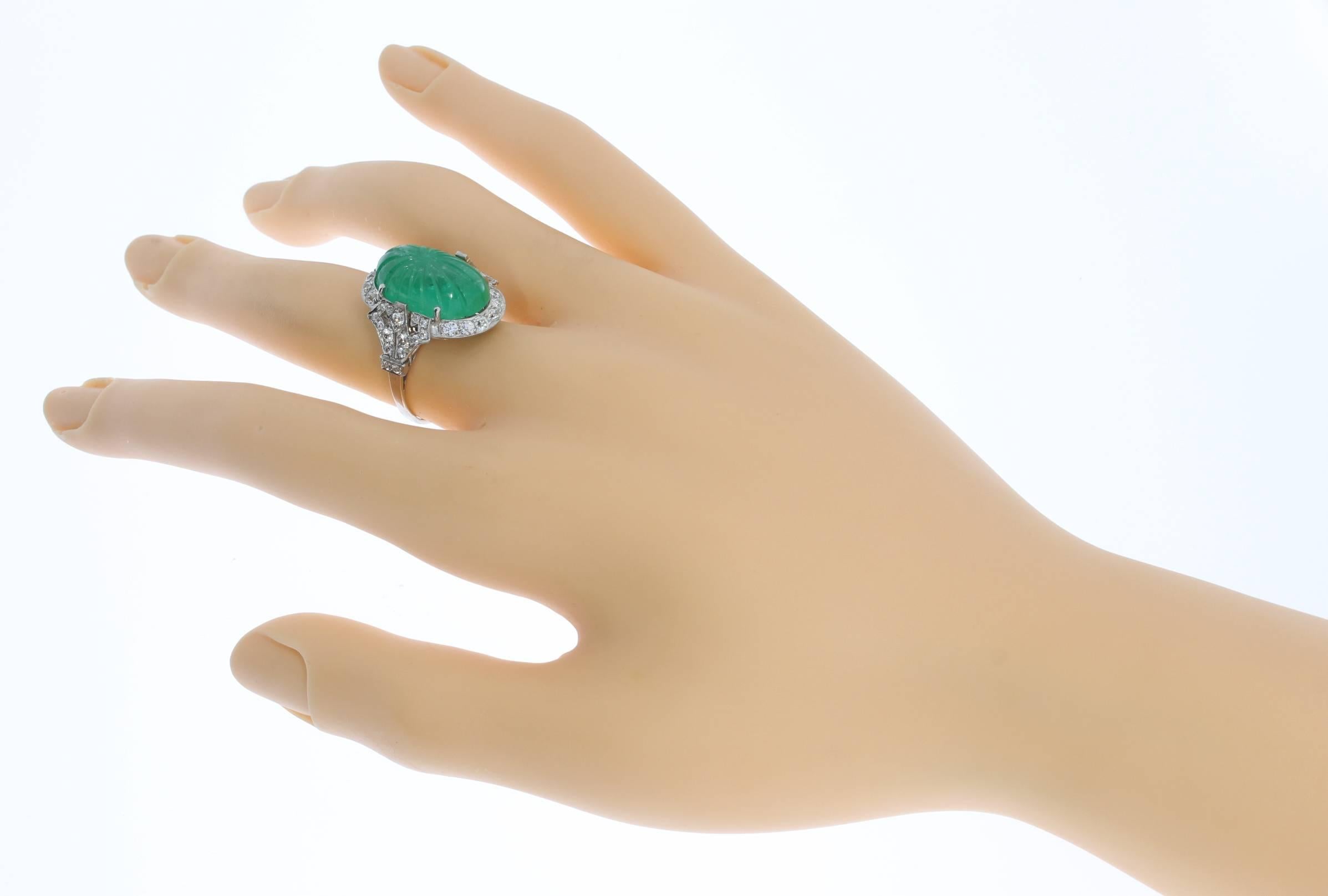 Platinum Ring with Carved Emerald and Diamonds For Sale 4