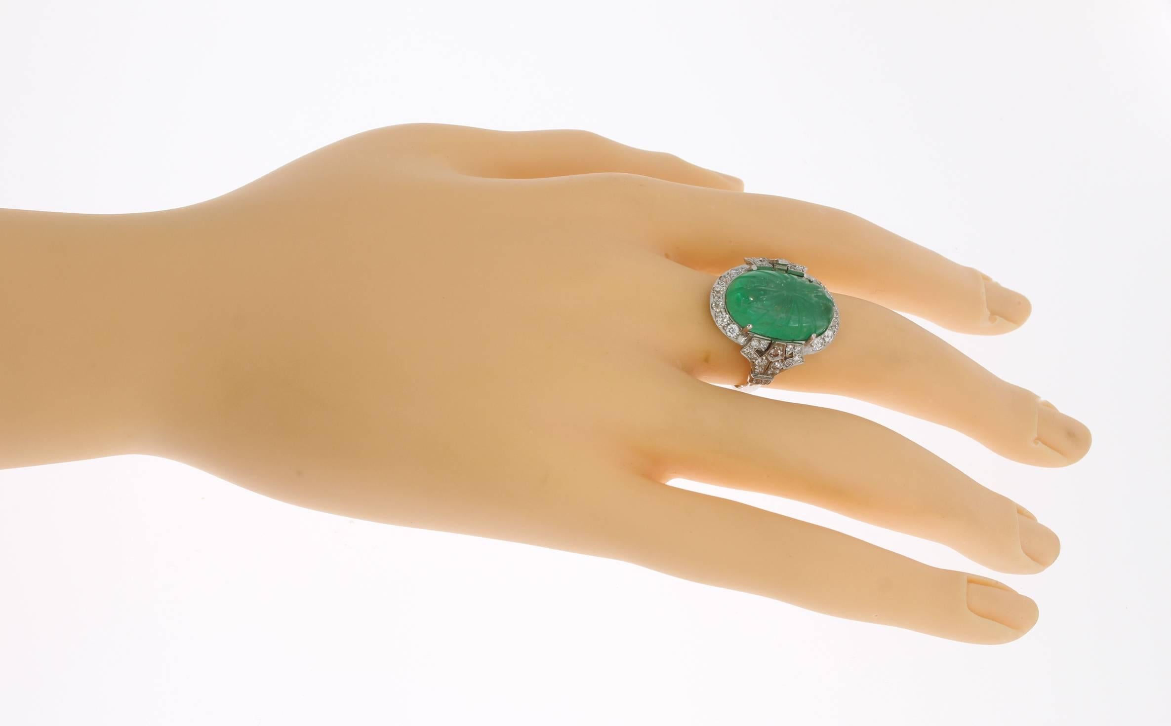 Platinum Ring with Carved Emerald and Diamonds For Sale 5