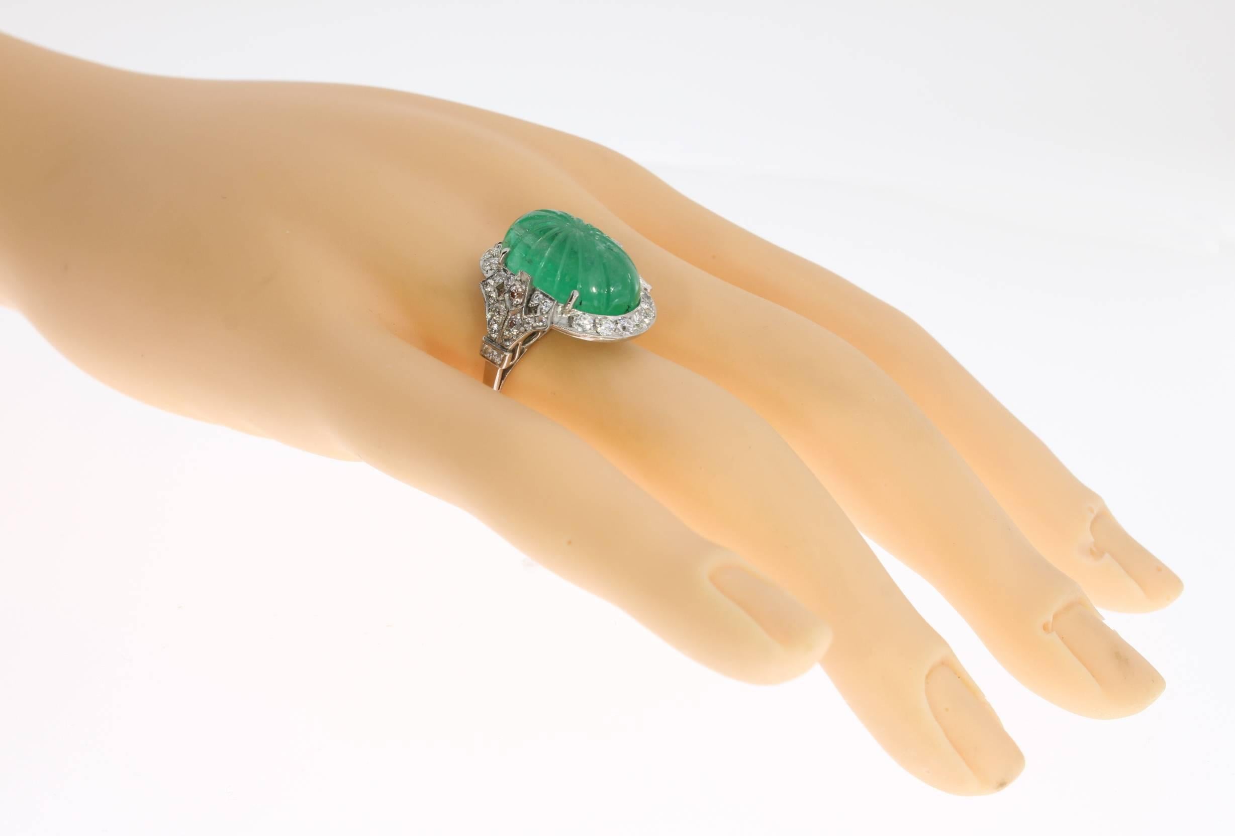 Women's Platinum Ring with Carved Emerald and Diamonds For Sale