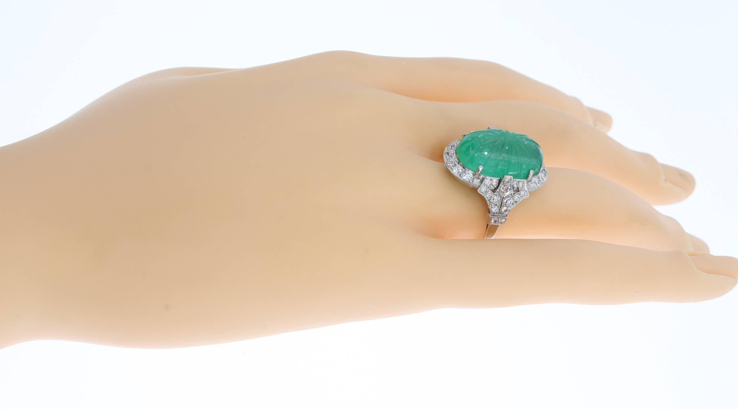 Platinum Ring with Carved Emerald and Diamonds For Sale 1