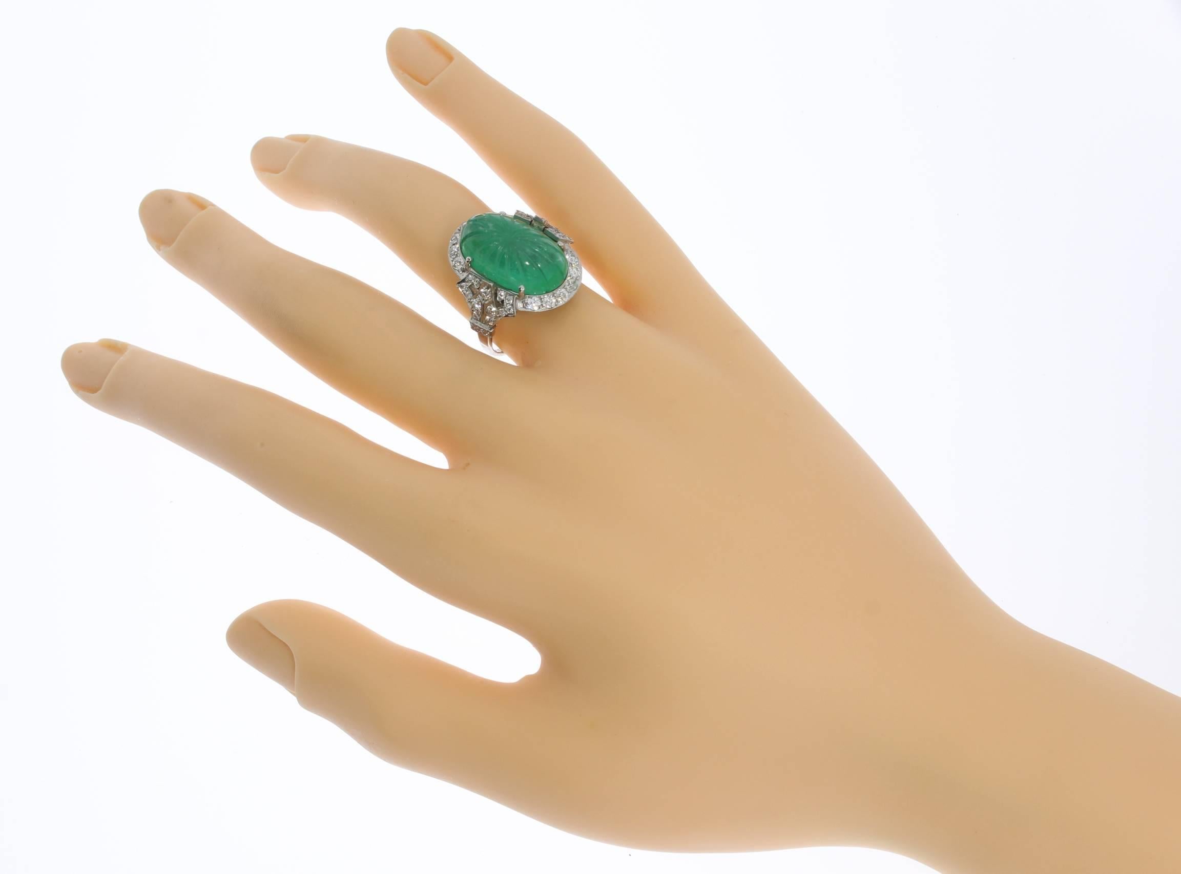 Platinum Ring with Carved Emerald and Diamonds For Sale 2