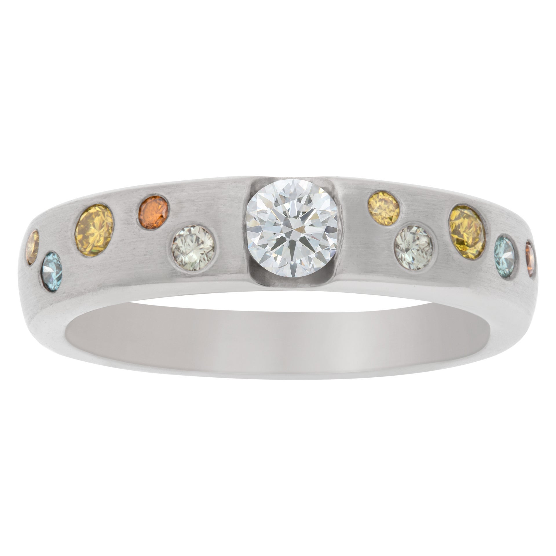 Platinring mit zentralem Diamanten und farbenfrohen Akzentensteinen