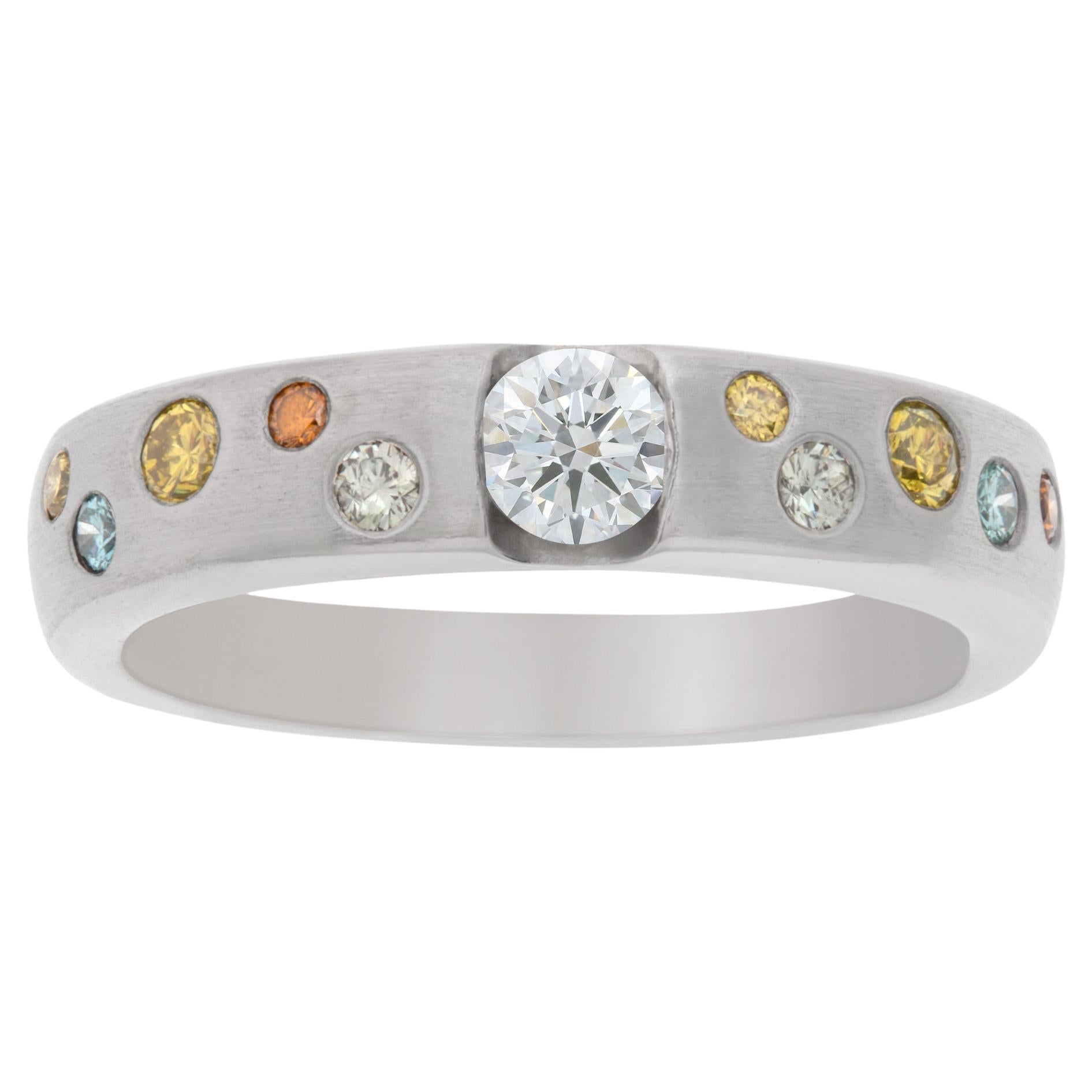 Platinum Ring with Center Diamond and Colorful Accent Stones For Sale