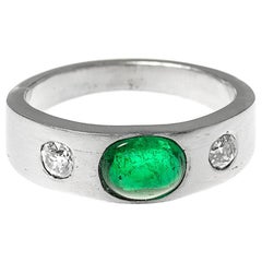 Vintage Platinum Ring with Colombian Emerald and Old Cut Diamonds, English, circa 1990