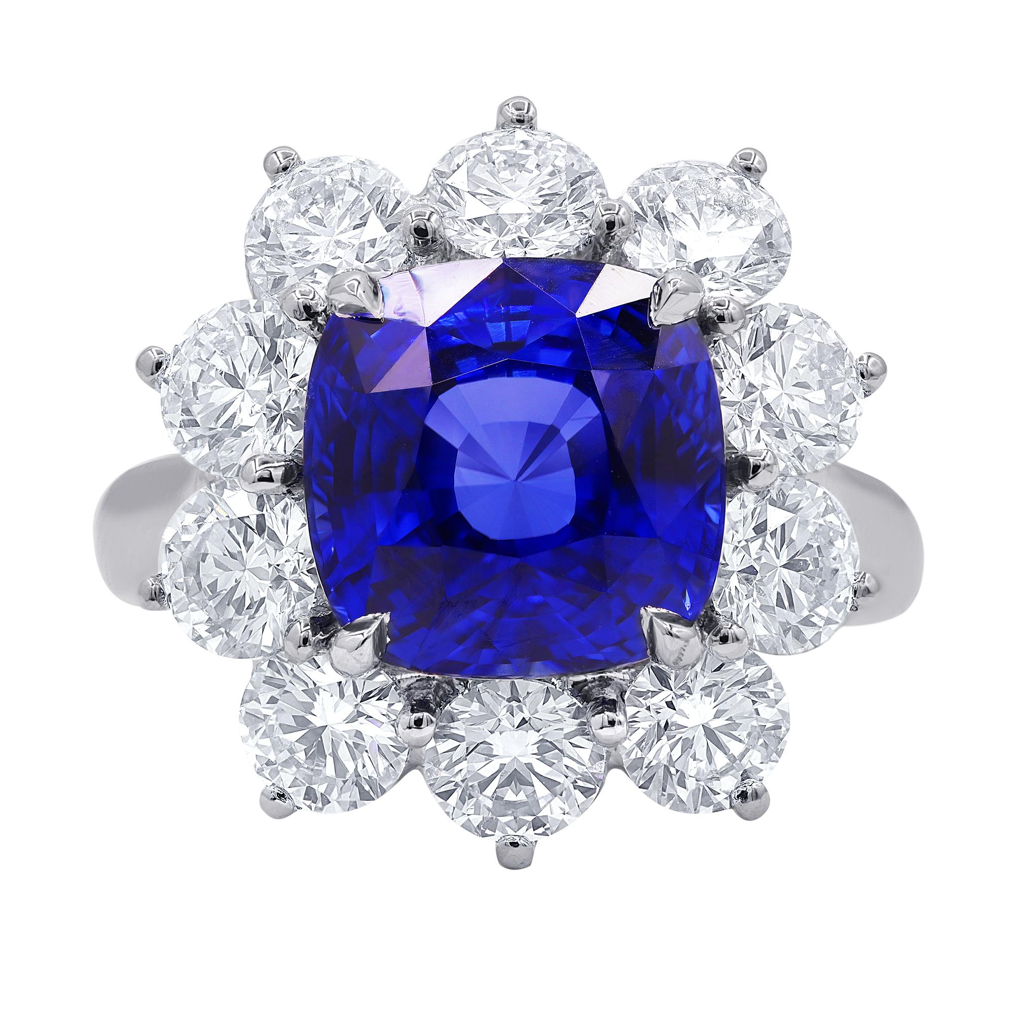 Antique Cushion Cut Platinum Ring with Cushion Cut Sapphire and Round Diamonds For Sale