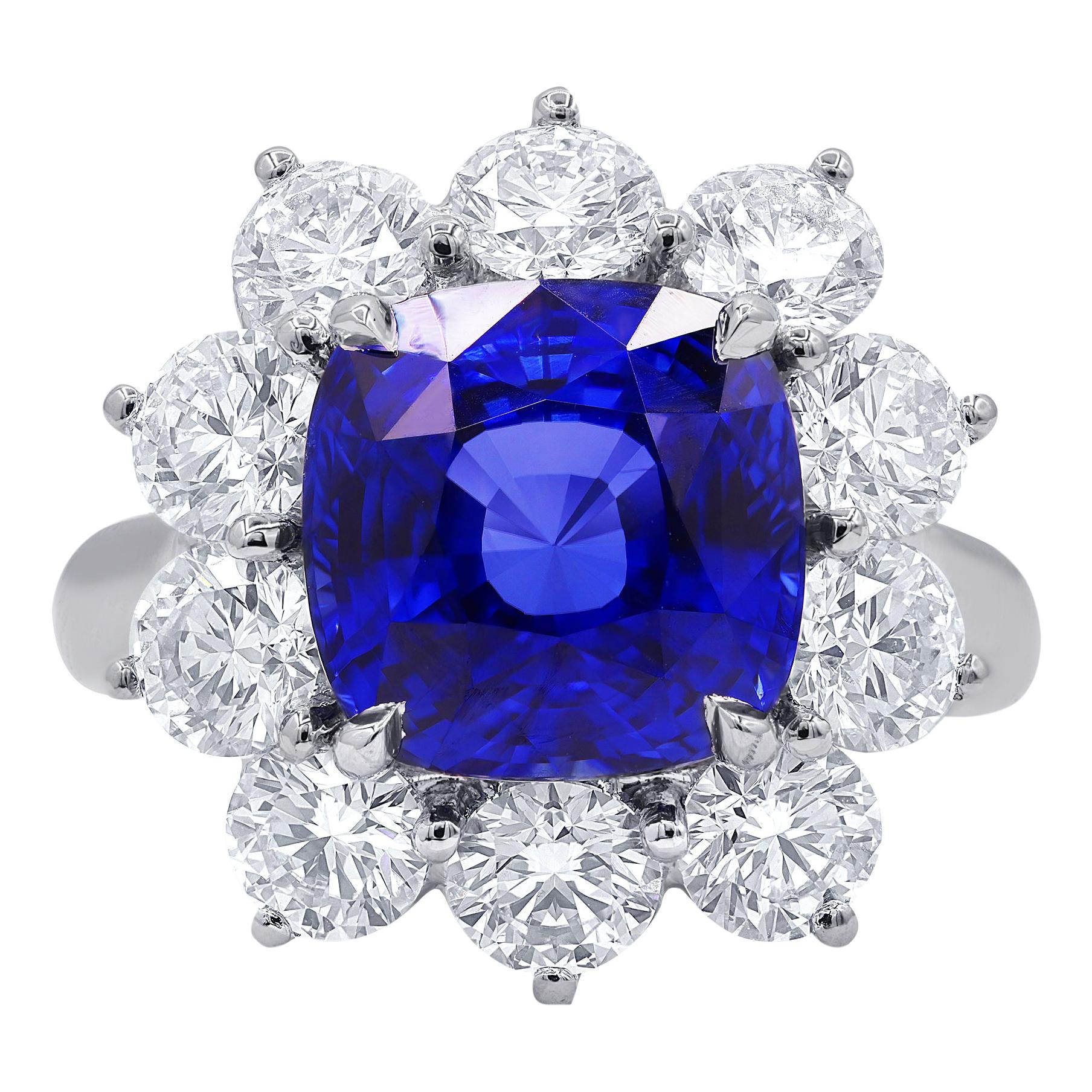 Platinum Ring with Cushion Cut Sapphire and Round Diamonds For Sale