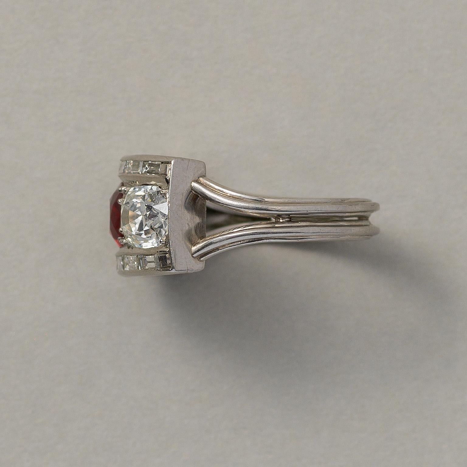 Art Deco Platinum Ring with Diamond and Burma Ruby