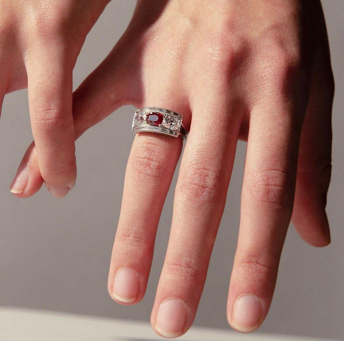 Women's or Men's Platinum Ring with Diamond and Burma Ruby