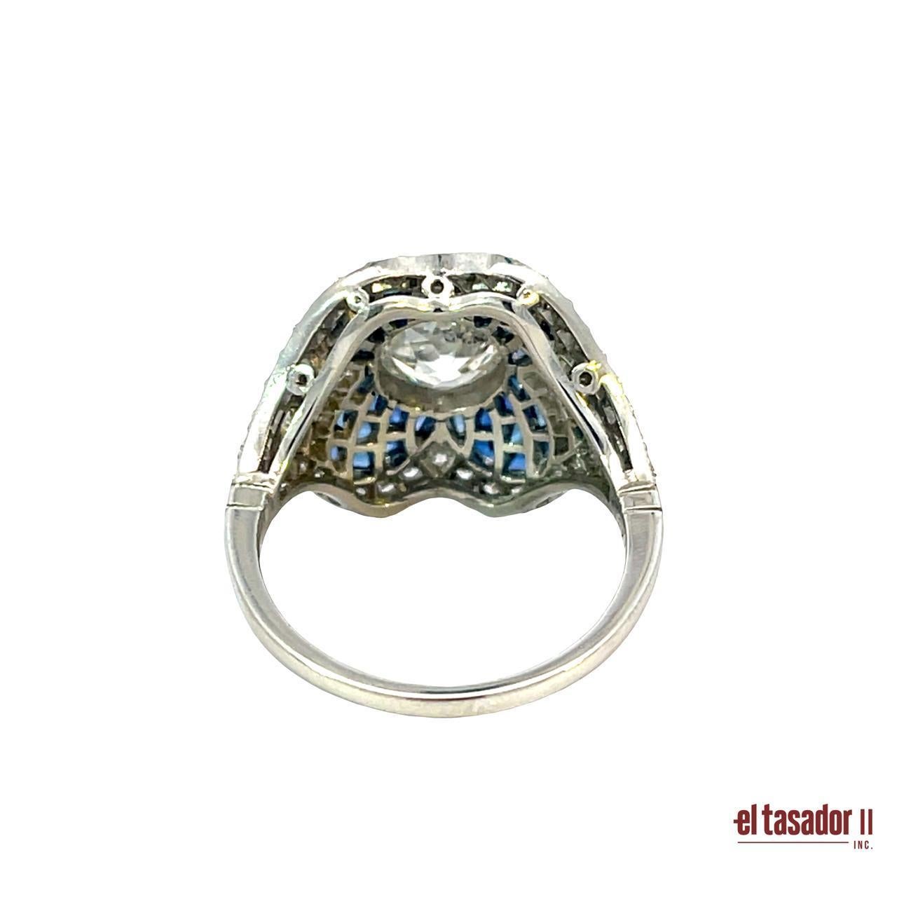 Art Deco Platinum Ring with Diamond & Sapphires For Sale