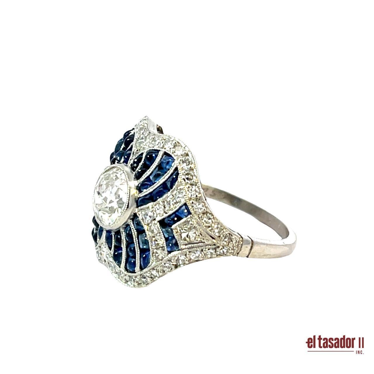 Brilliant Cut Platinum Ring with Diamond & Sapphires For Sale