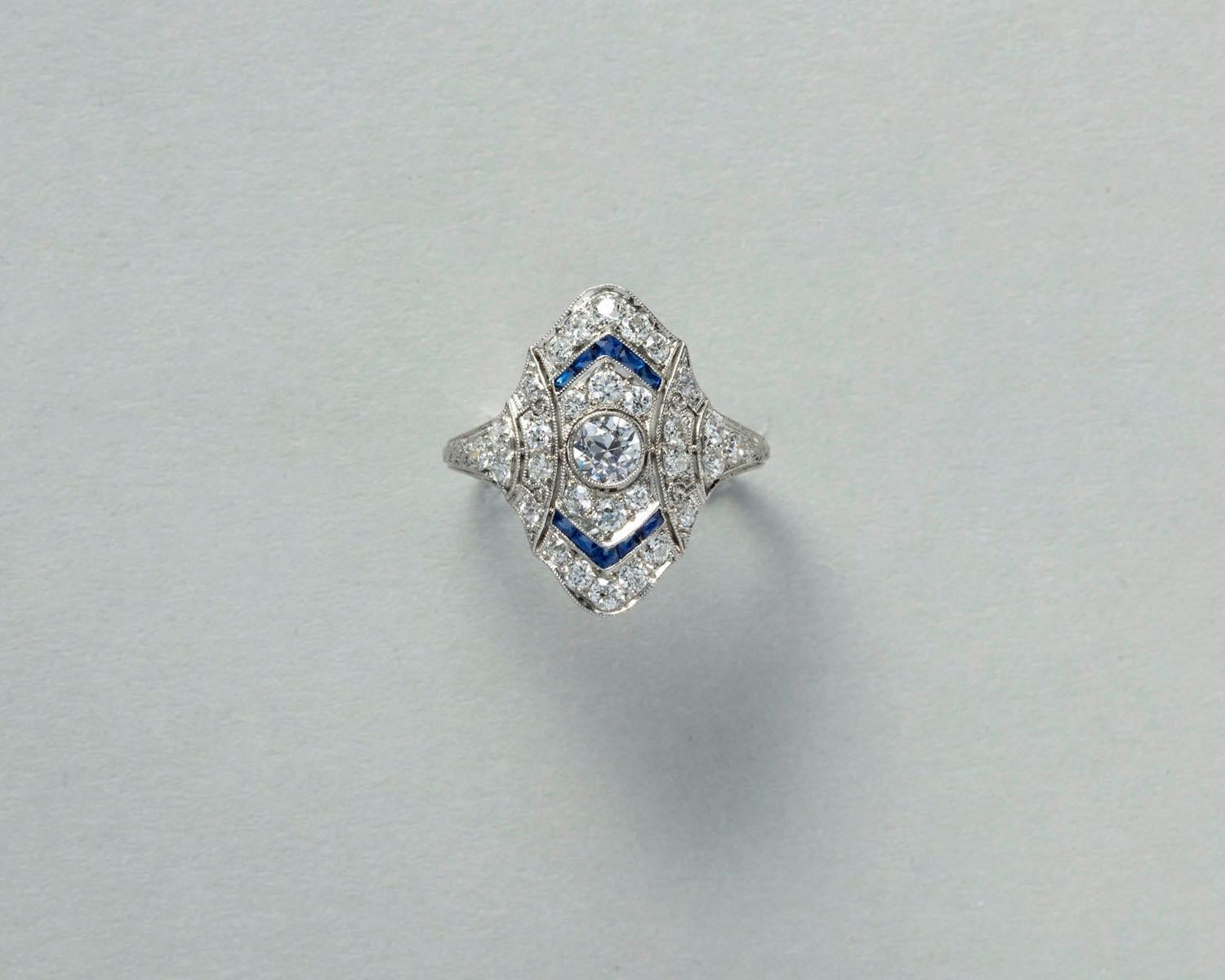 Women's or Men's Platinum Ring with Diamonds and Sapphire For Sale
