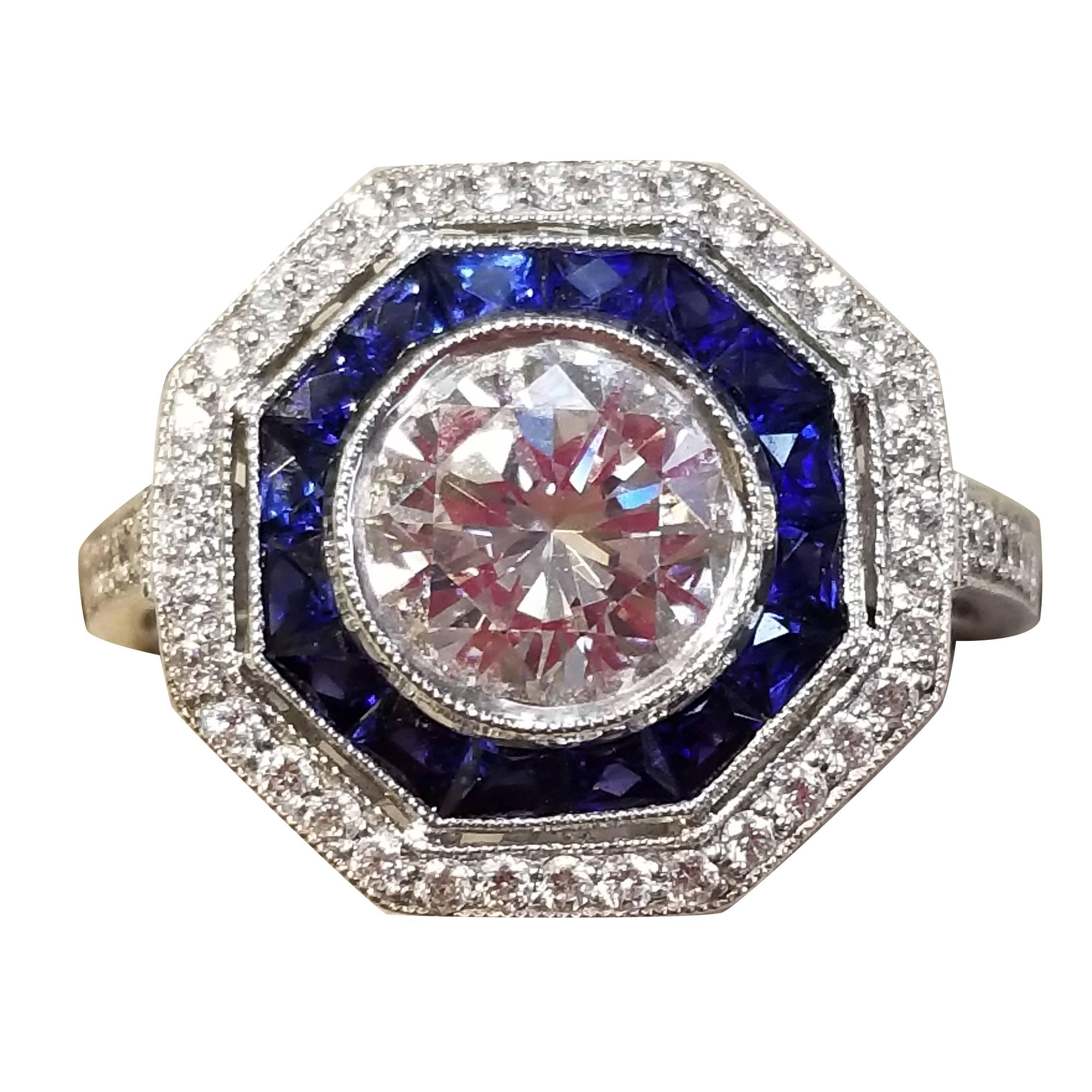 Platinum Ring with Diamonds and Sapphires For Sale