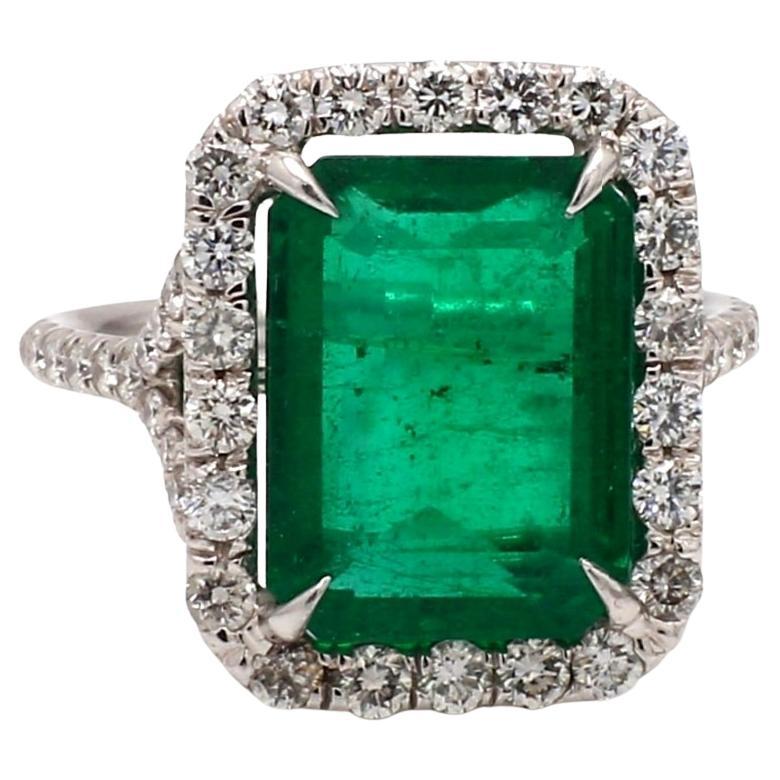 Platinum Ring with Emerald Cut Emerald and Diamond Accents