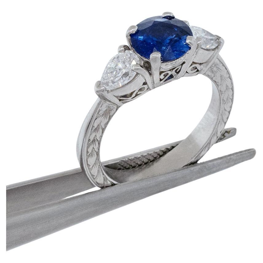 Platinum Ring with Filigree, Hand Engraving, 1.31 carat Sapphire and Diamonds