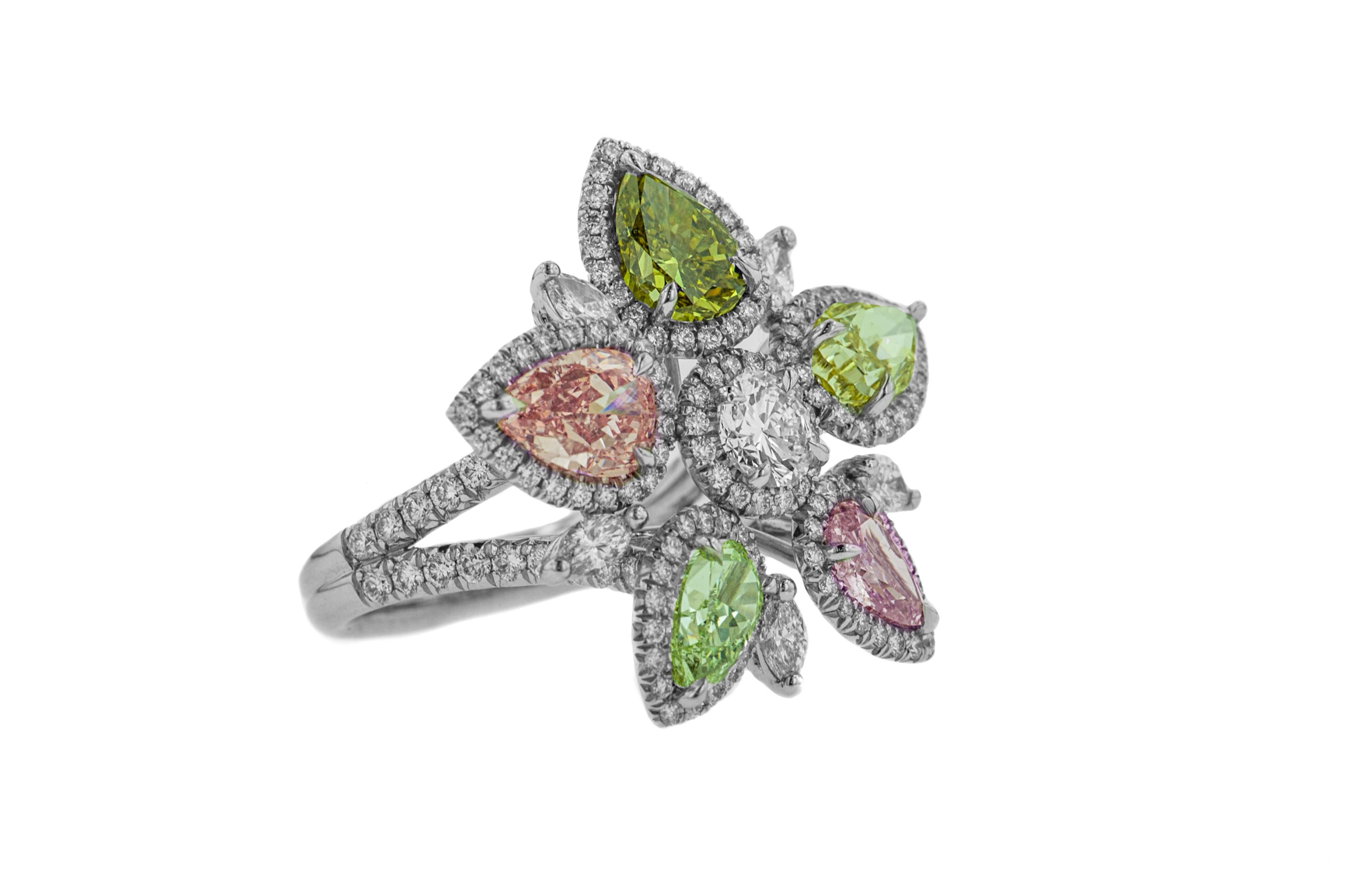Platinum gia certified diamond flower ring with five pear shapes fancy colors( 4.62 fps) and round diamond(rdc3424) .53 f-vs1 in the middle, surrounded by micropave round diamonds features 1.80ct

