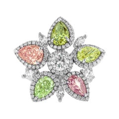 Platinum Ring with Five Pear Shapes Fancy Diamonds Flower & Round Diamonds
