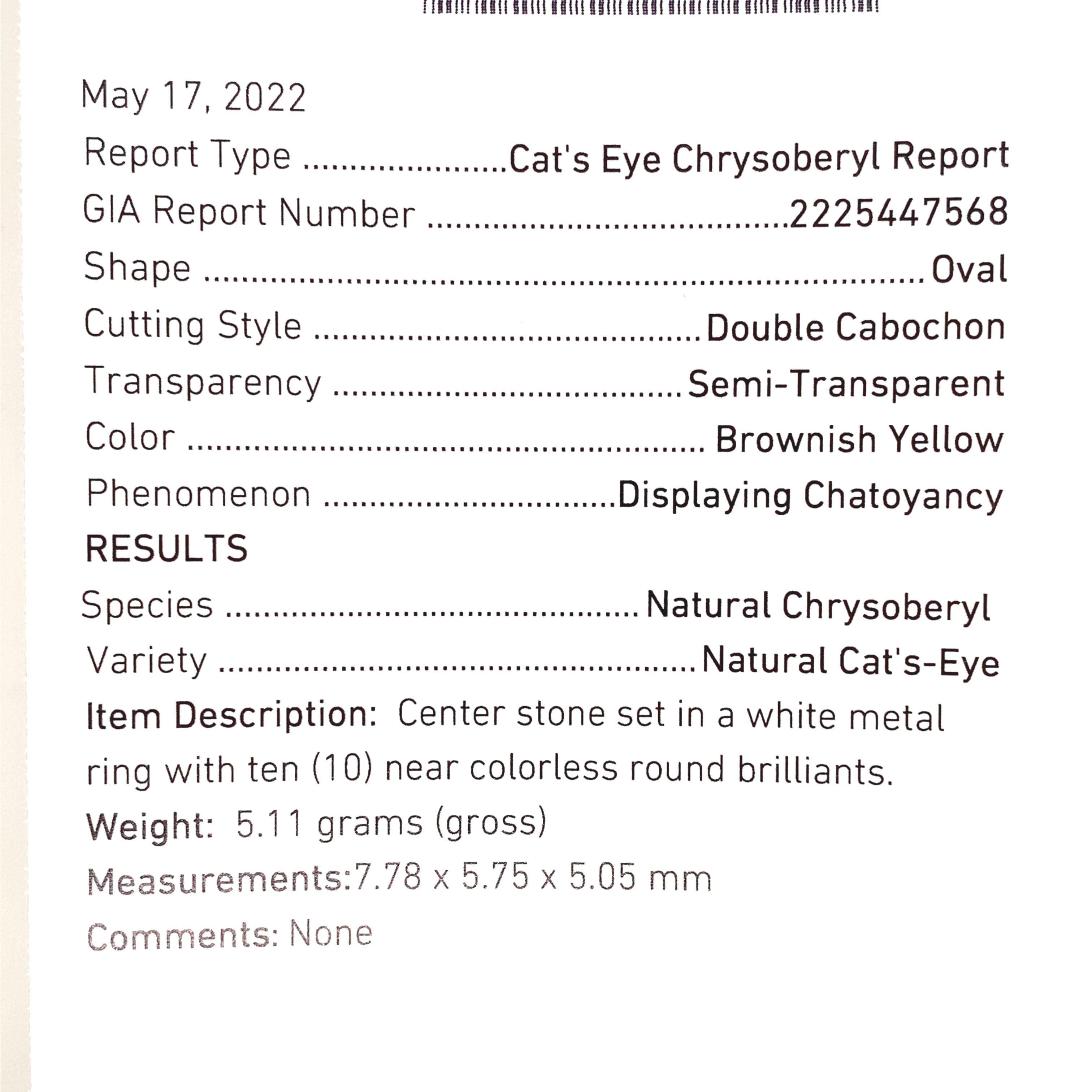 Platinum Ring with GIA 2.05ct Natural Cat's Eye Chrysoberyl For Sale 5