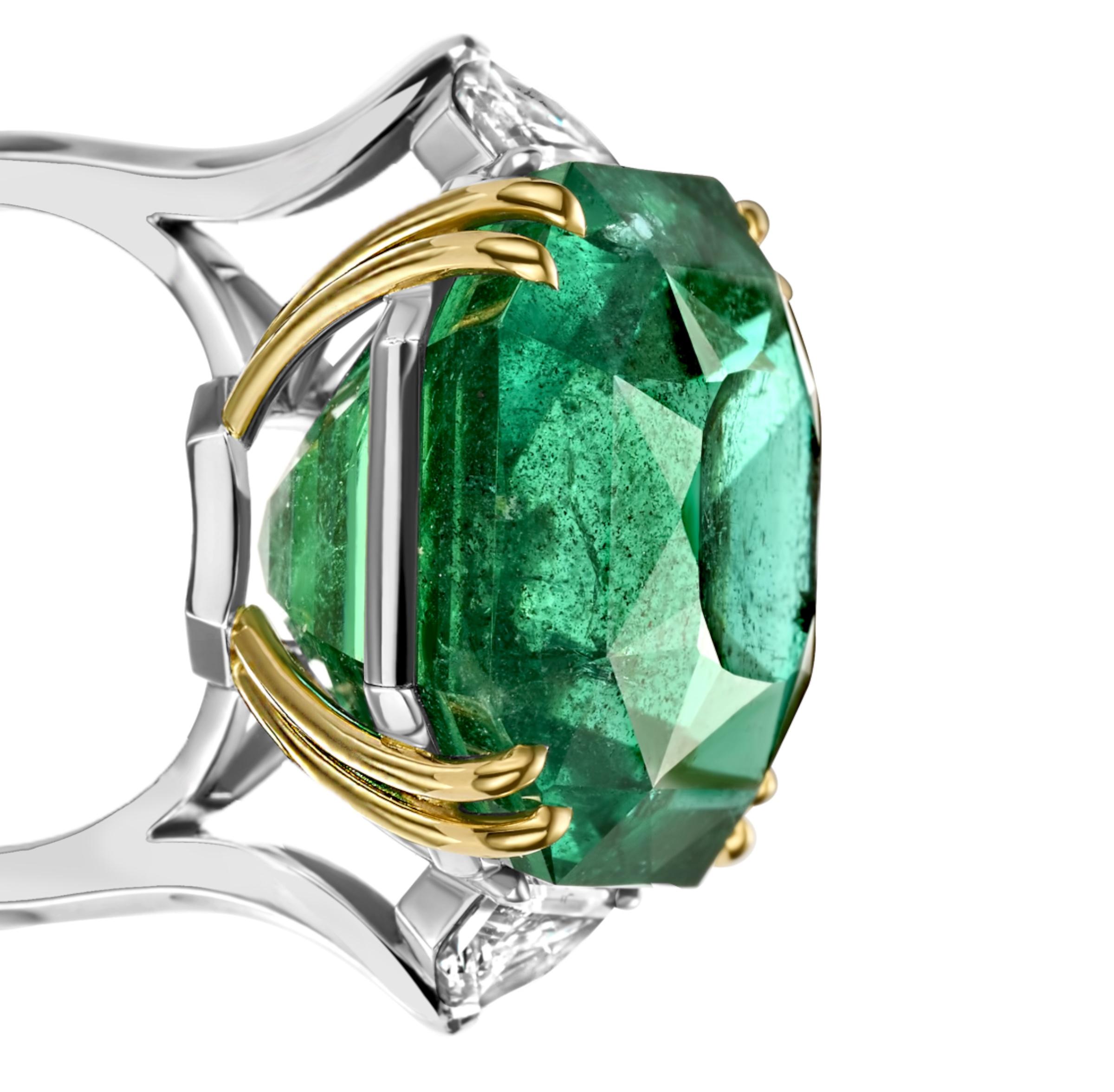 Brilliant Cut Platinum Ring with GRS Certified 37 Ct Natural No Oil Emerald & 1.21ct Diamonds For Sale