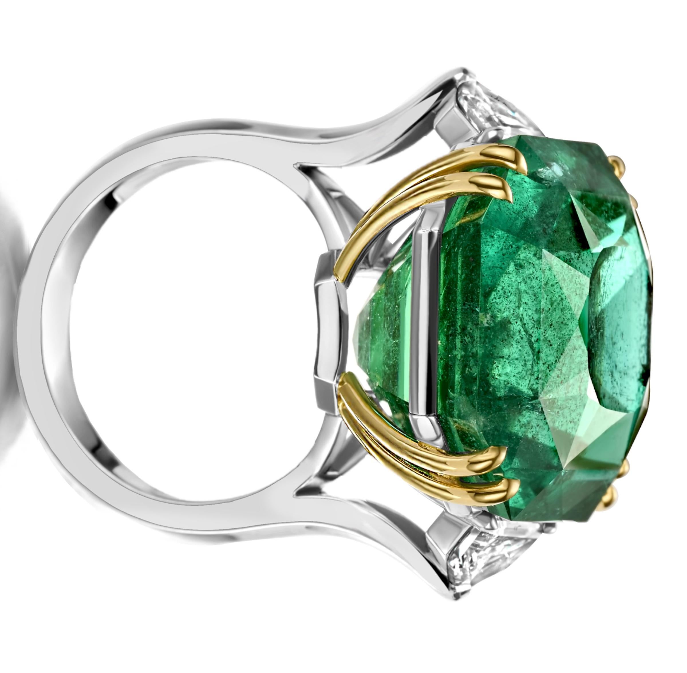 Artisan Platinum Ring with GRS Certified 37 Ct Natural No Oil Emerald & 1.21ct Diamonds For Sale