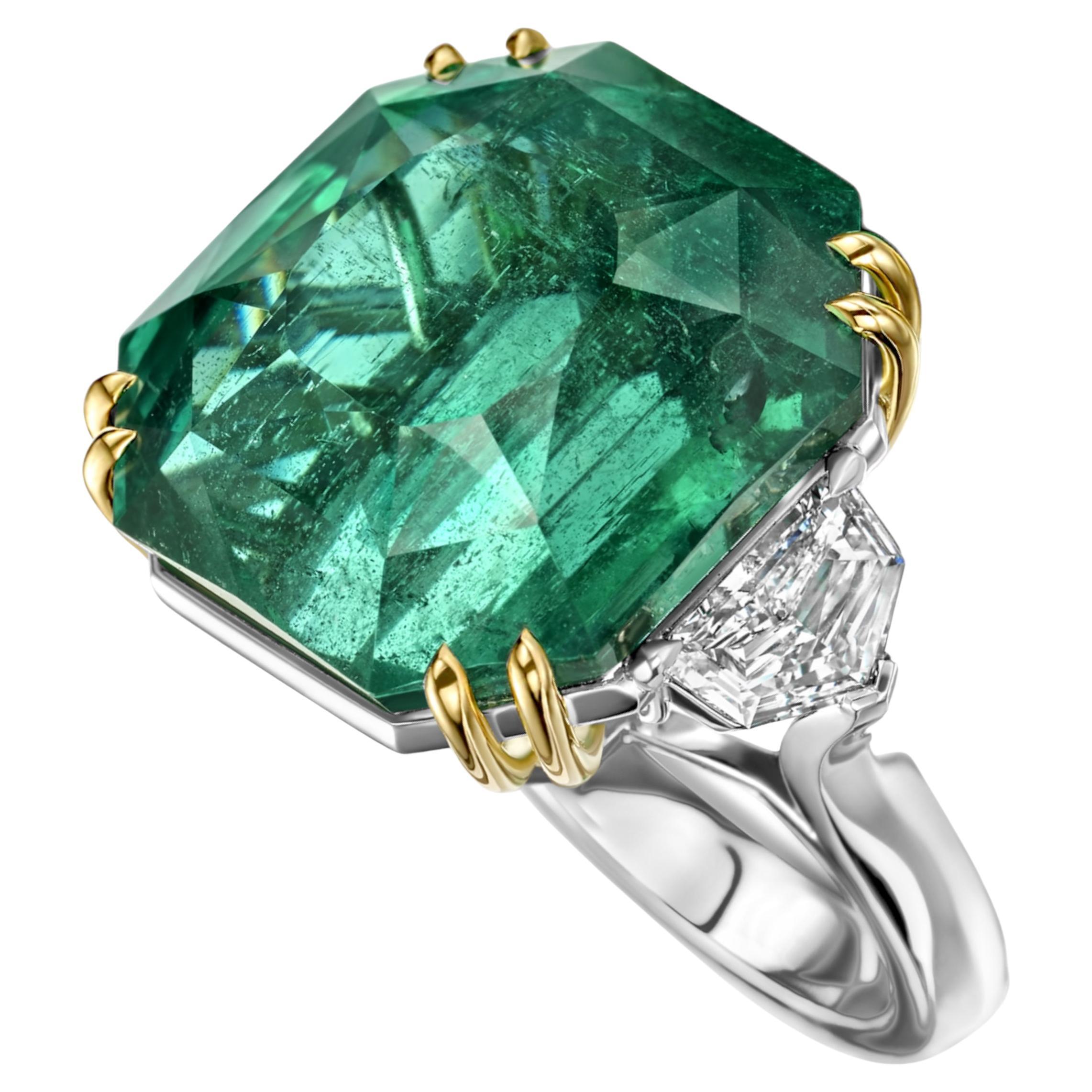 Anello in platino con smeraldo naturale senza olio certificato GRS da 37 carati e 1,21 carati di diamanti