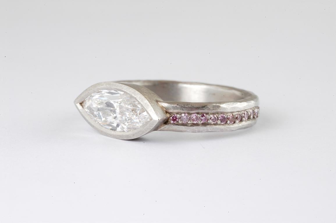 Contemporary Platinum Diamond Ring with Marquis  1.39cts and Natural Pink Diamond band For Sale
