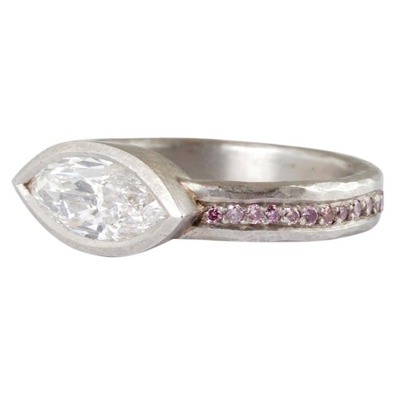 Platinum Diamond Ring with Marquis  1.39cts and Natural Pink Diamond band For Sale
