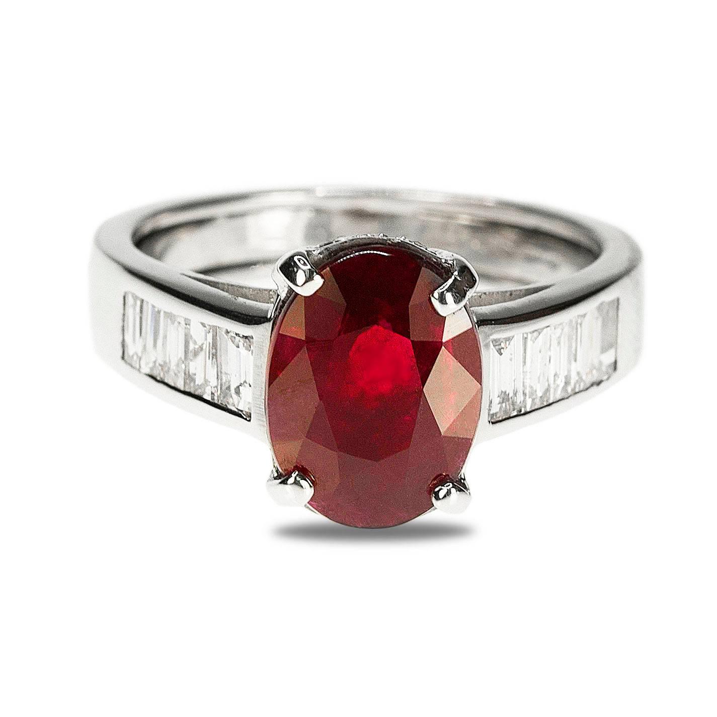 Gueblin certified 3.58 carat unheated Burma Ruby set in platinum mounting with 1.03 carats of colorless diamonds.