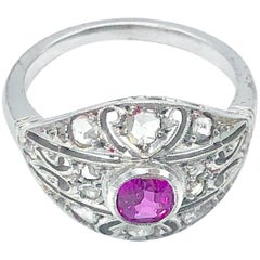 Platinum Ring with Old Cut Diamonds and Synthetic Sapphire