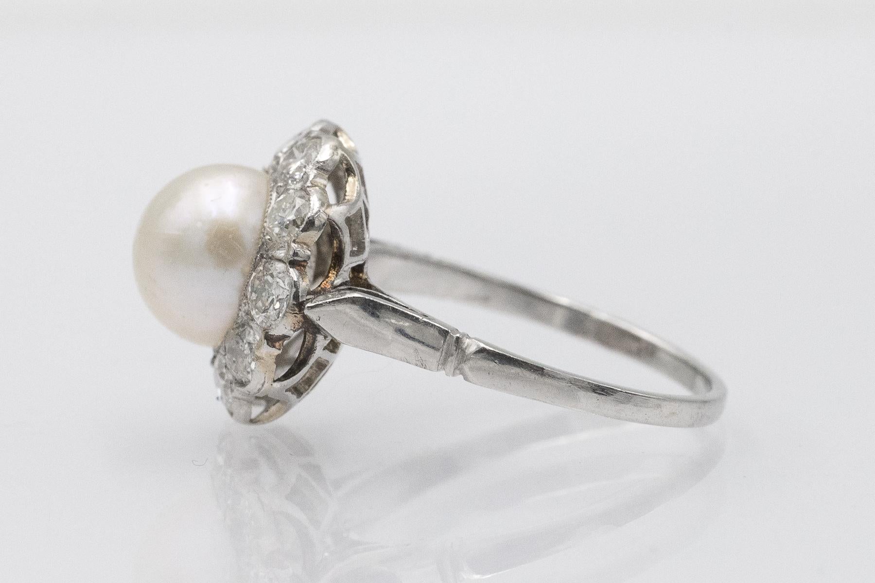 Bague en platine avec perle et diamants 1,00ct, milieu du 20e siècle. en vente 3