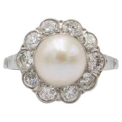 Bague en platine avec perle et diamants 1,00ct, milieu du 20e siècle.