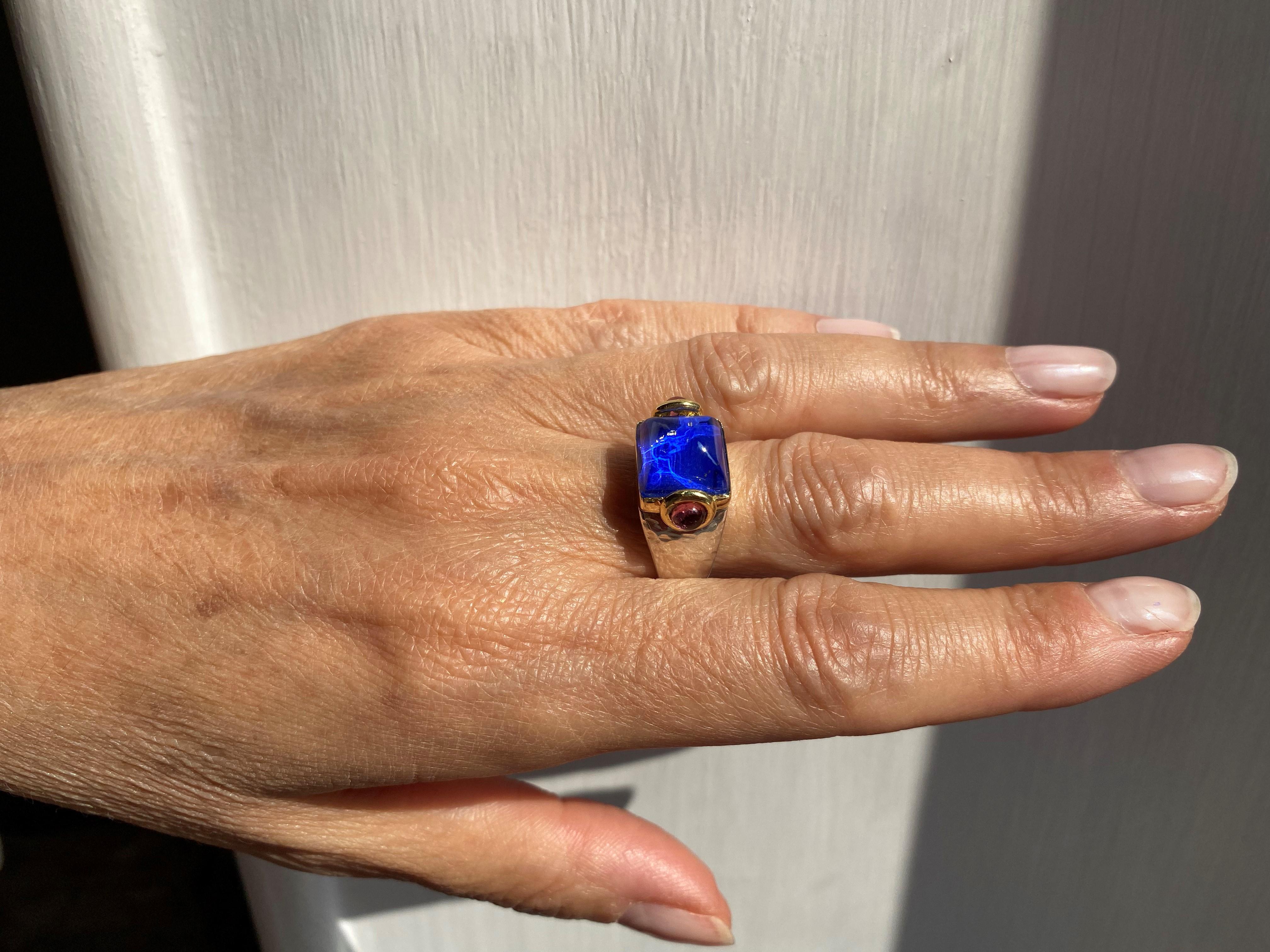 Rossella Ugolini Platinum Rock Crystal Pink Tourmaline Lapis Lazuli Unisex Ring For Sale 1
