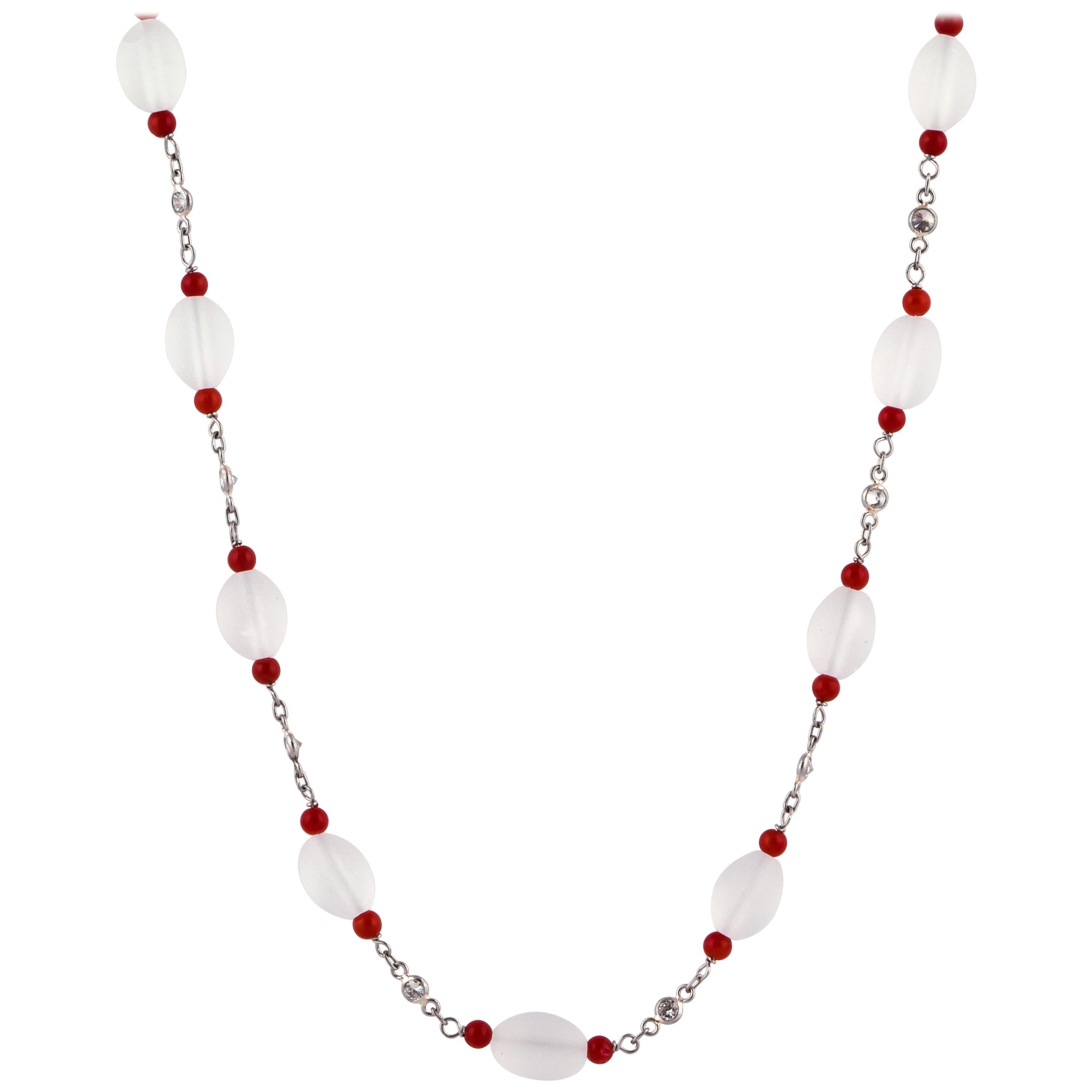 Long Rock Crystal and Coral Bead Necklace in Platinum