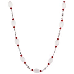 Used Long Rock Crystal and Coral Bead Necklace in Platinum