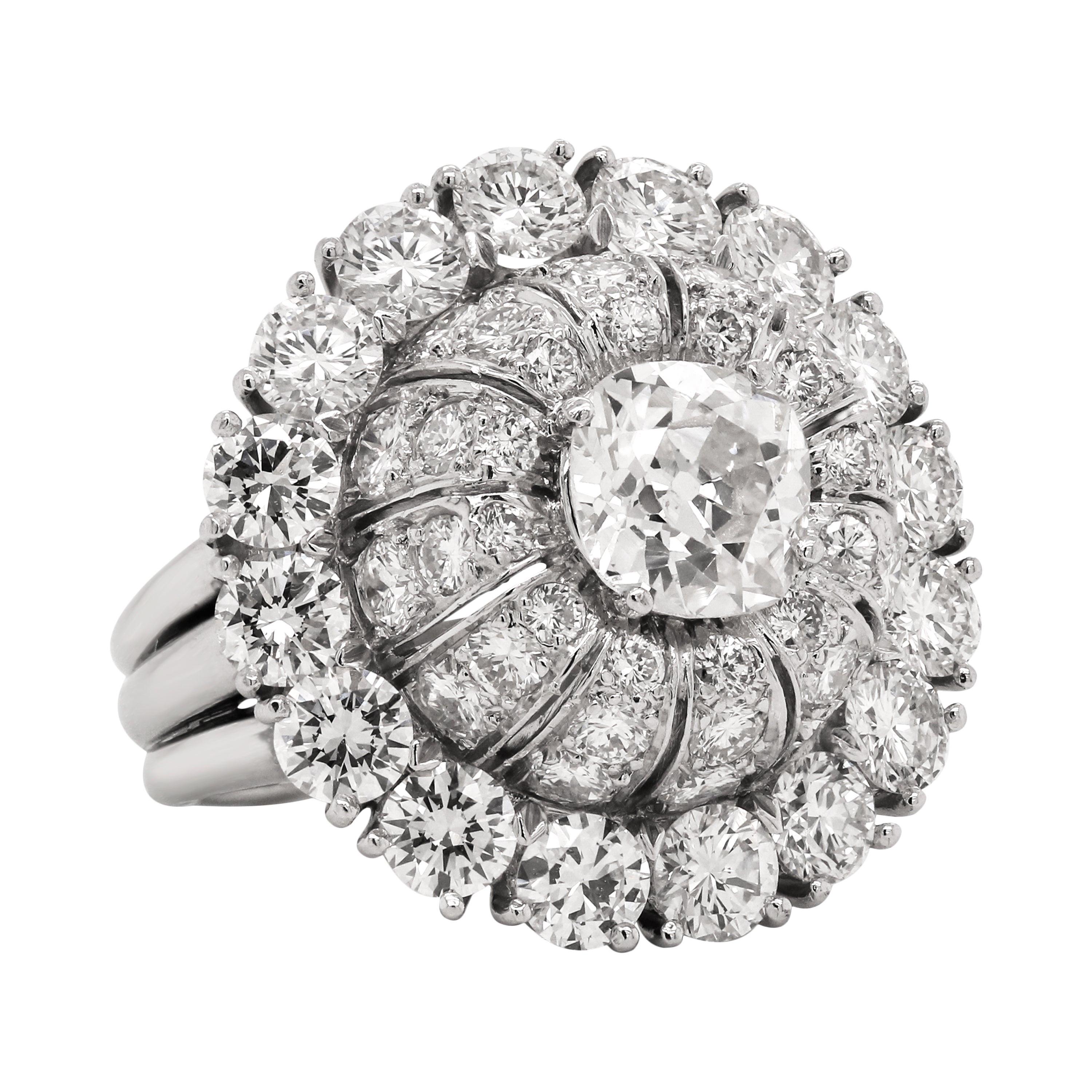 Platinum Rose Cut and Round Diamond Large Dome Cocktail Ring For Sale