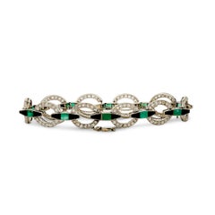 Platinum Rose Cut Diamond and Emerald and Onyx Circle Link Estate Bracelet