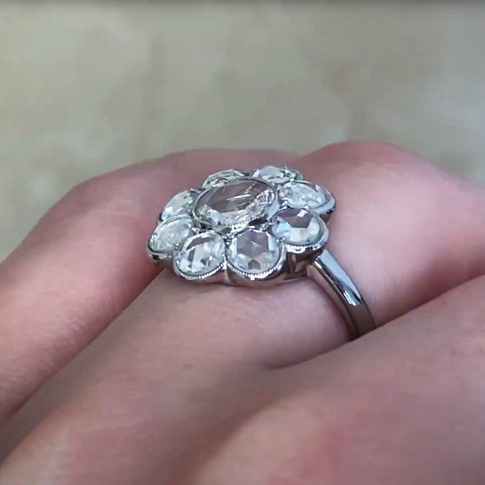 Platinum Rose Cut Diamond Floral Cluster Ring (Approx. 0.5-Carats), Platinum In Excellent Condition For Sale In New York, NY