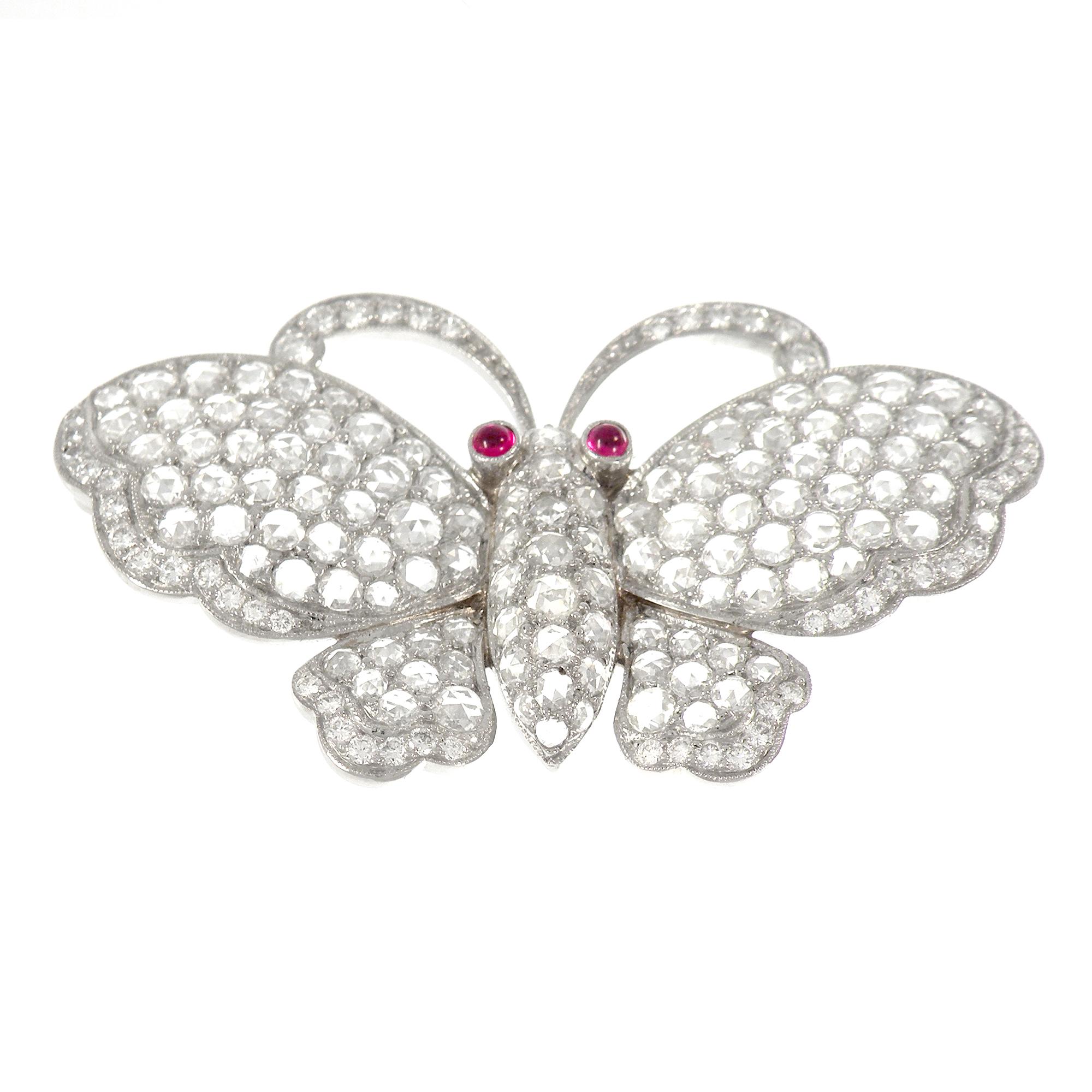 Edwardian Platinum Rose Cut Diamonds and Ruby Butterfly Brooch For Sale