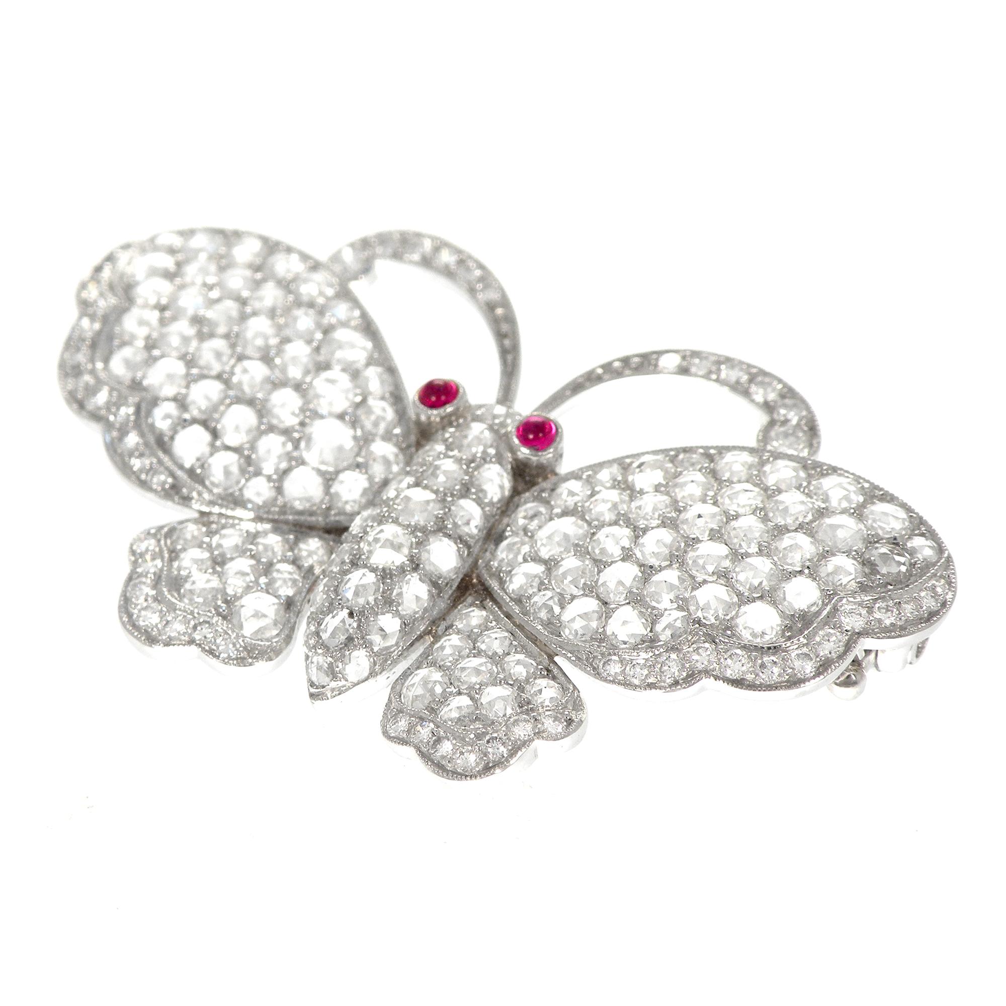 Round Cut Platinum Rose Cut Diamonds and Ruby Butterfly Brooch For Sale