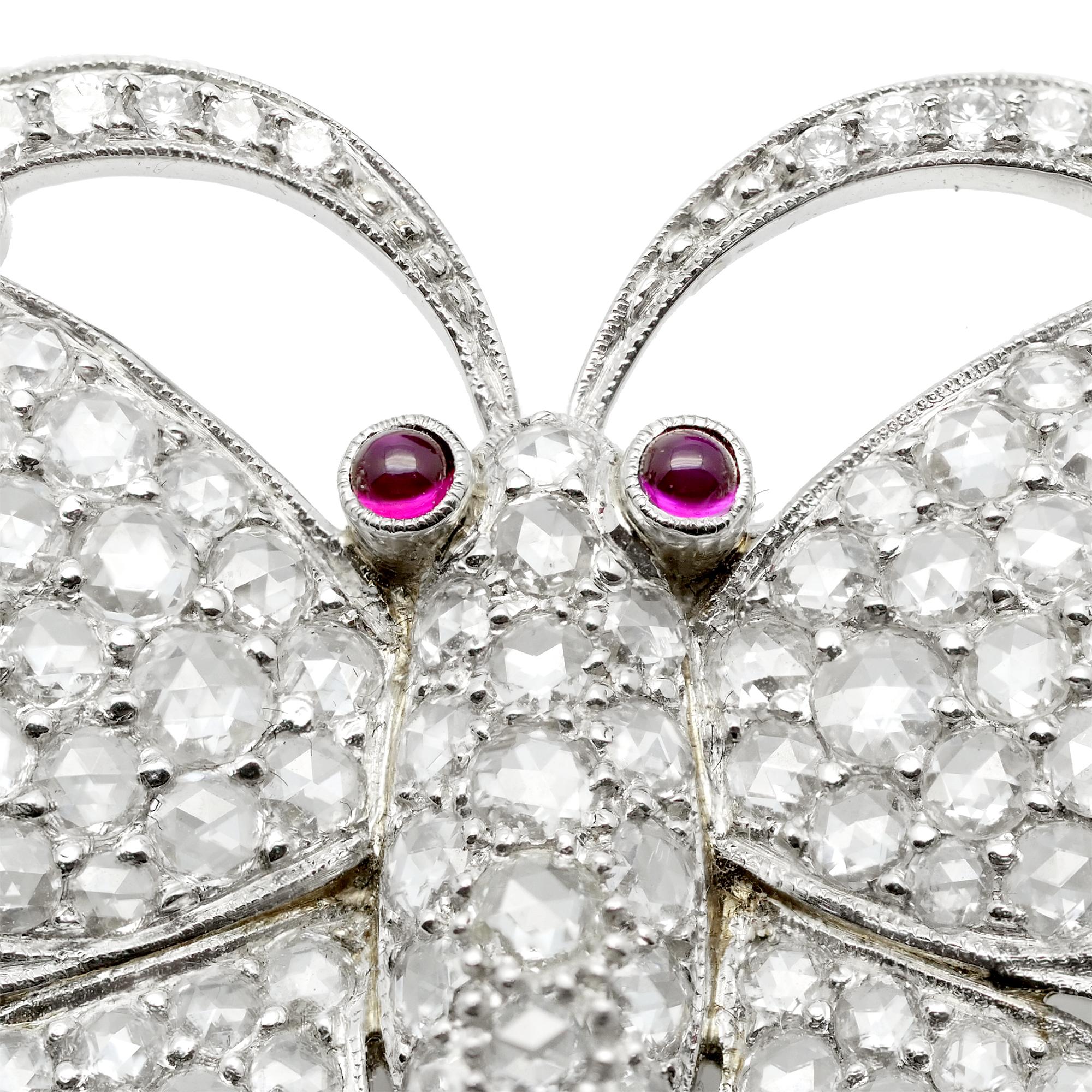 Platinum Rose Cut Diamonds and Ruby Butterfly Brooch For Sale 2