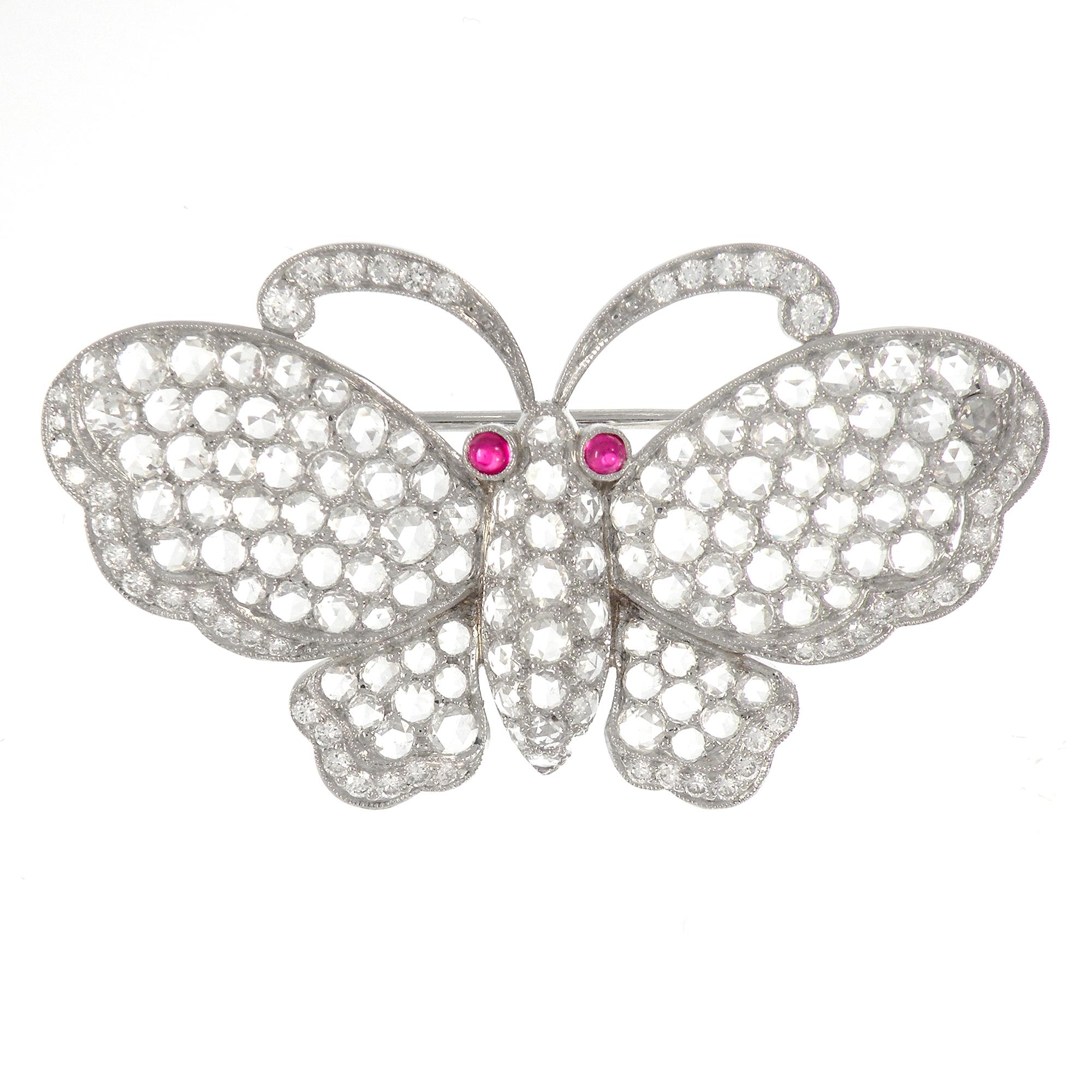 Platinum Rose Cut Diamonds and Ruby Butterfly Brooch For Sale