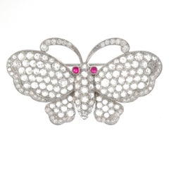 Platinum Rose Cut Diamonds and Ruby Butterfly Brooch