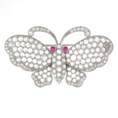 Platinum Rose Cut Diamonds and Ruby Butterfly Brooch