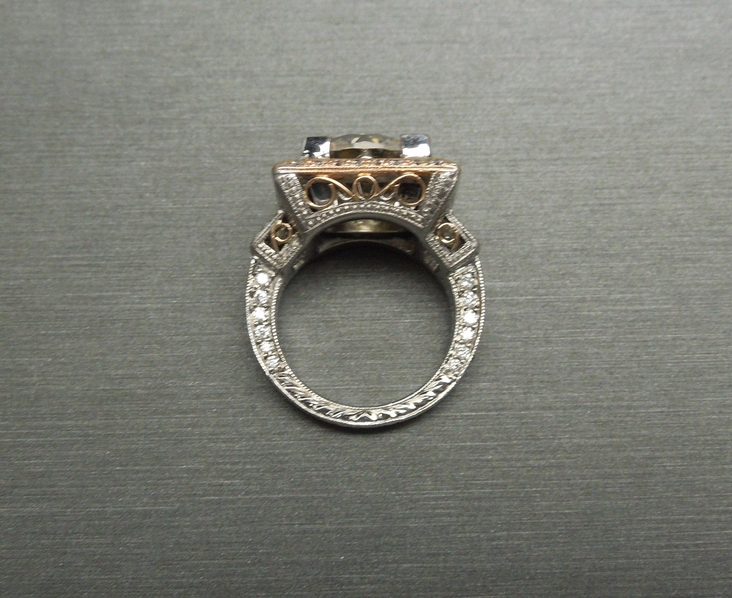 Platinum & Rose Gold 7.05 Carat Diamond Solitaire Square Halo Ring For Sale 3