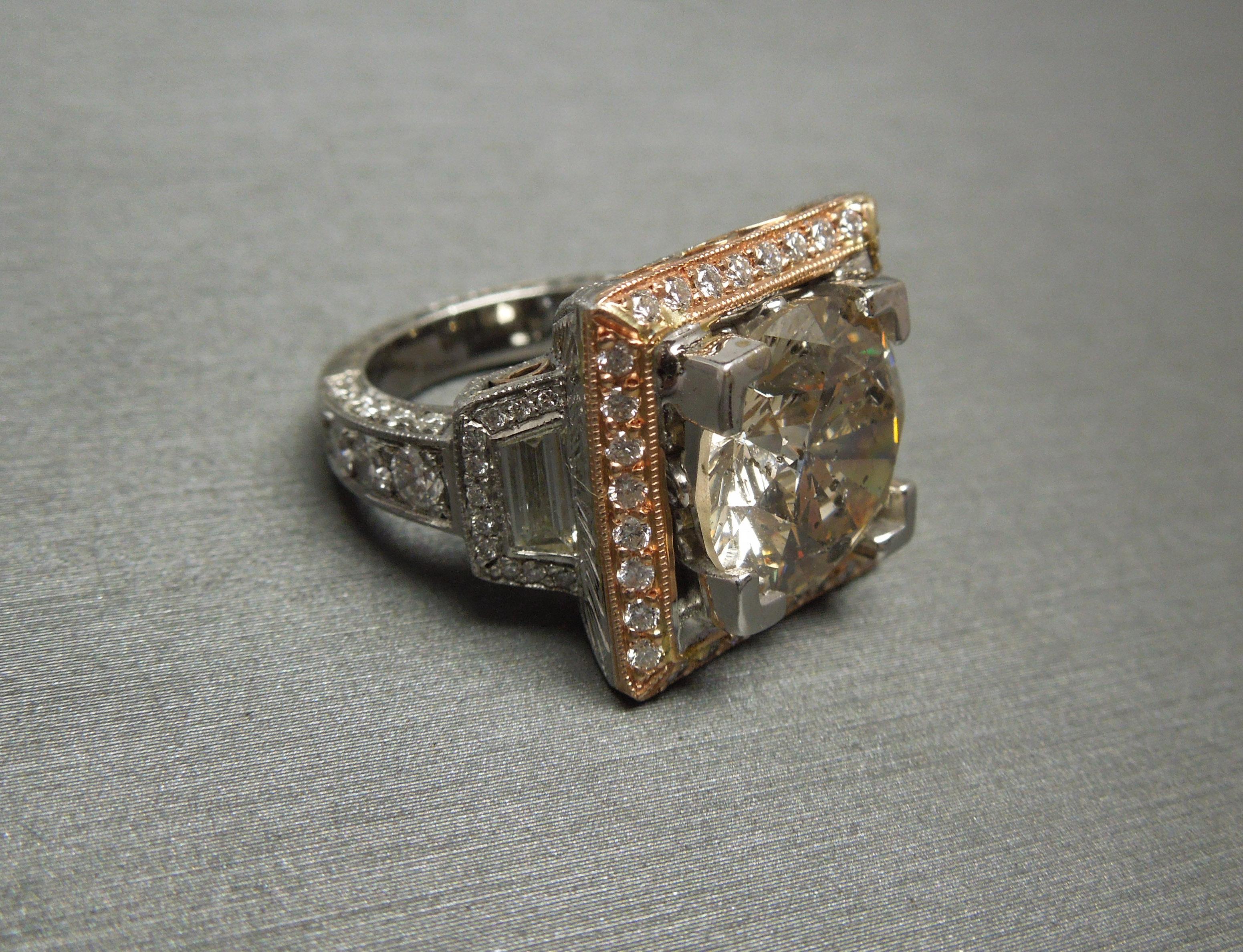 Platinum & Rose Gold 7.05 Carat Diamond Solitaire Square Halo Ring In Excellent Condition For Sale In METAIRIE, LA