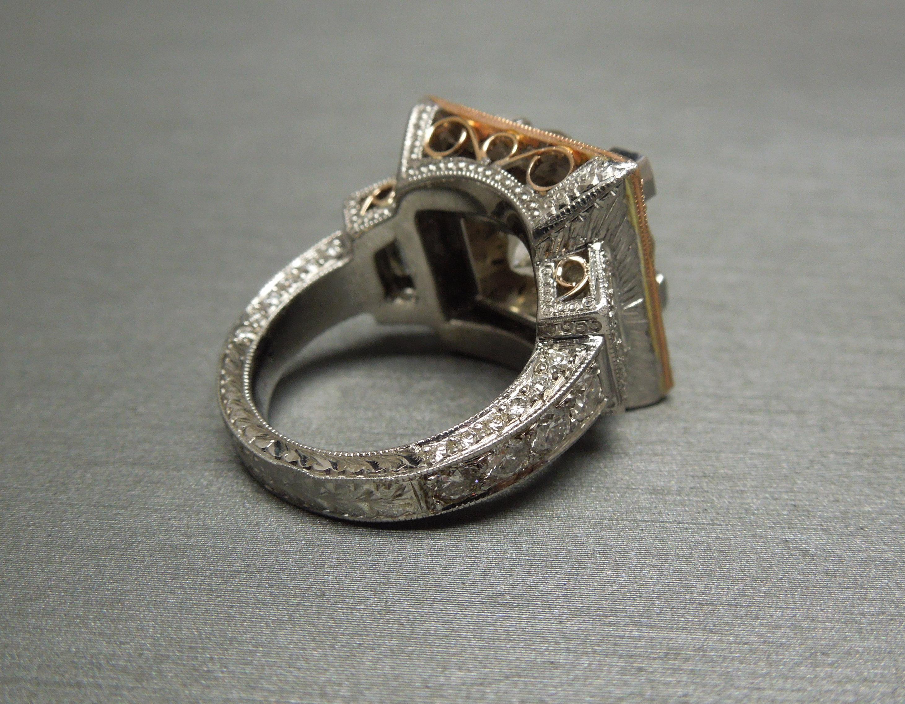 Women's Platinum & Rose Gold 7.05 Carat Diamond Solitaire Square Halo Ring For Sale
