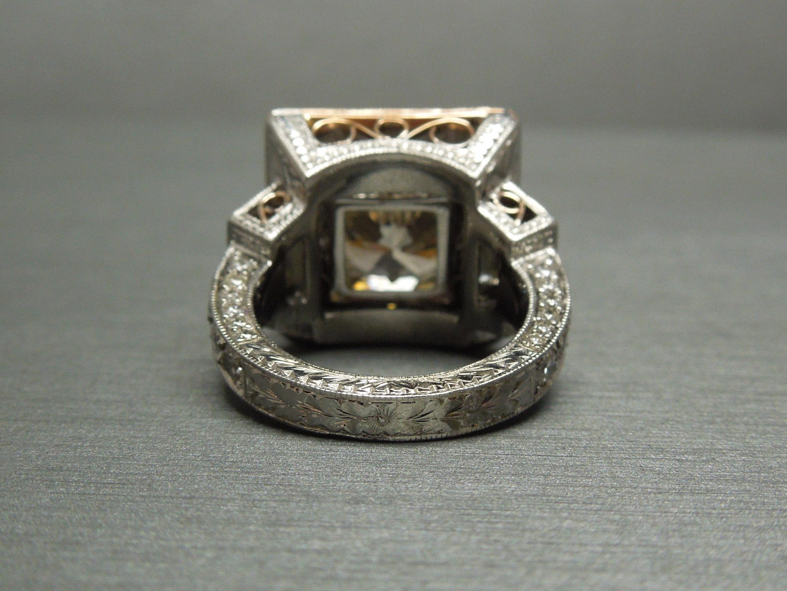 Platinum & Rose Gold 7.05 Carat Diamond Solitaire Square Halo Ring For Sale 1