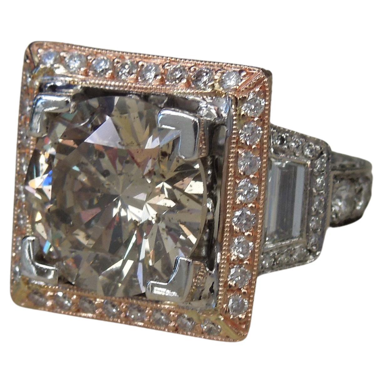 Platinum & Rose Gold 7.05 Carat Diamond Solitaire Square Halo Ring For Sale