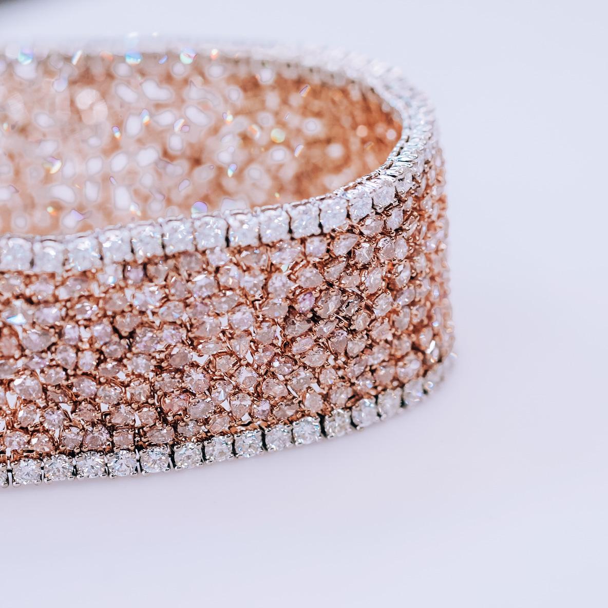 Round Cut 47.00cttw Fancy Pink Diamond Platinum & Rose Gold Carpet Bracelet For Sale