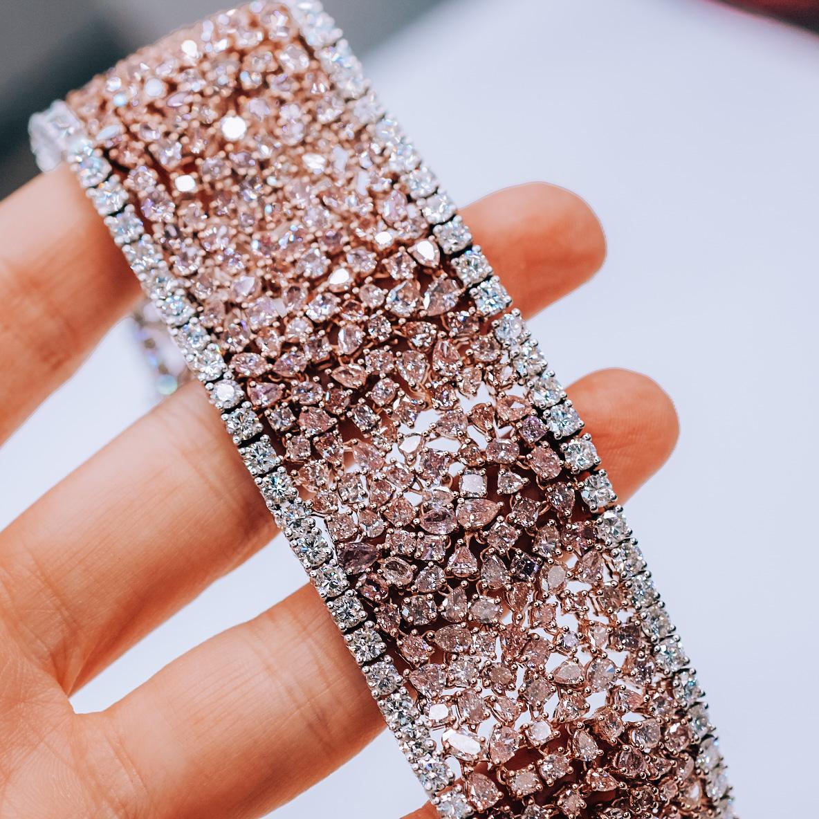 Women's 47.00cttw Fancy Pink Diamond Platinum & Rose Gold Carpet Bracelet For Sale